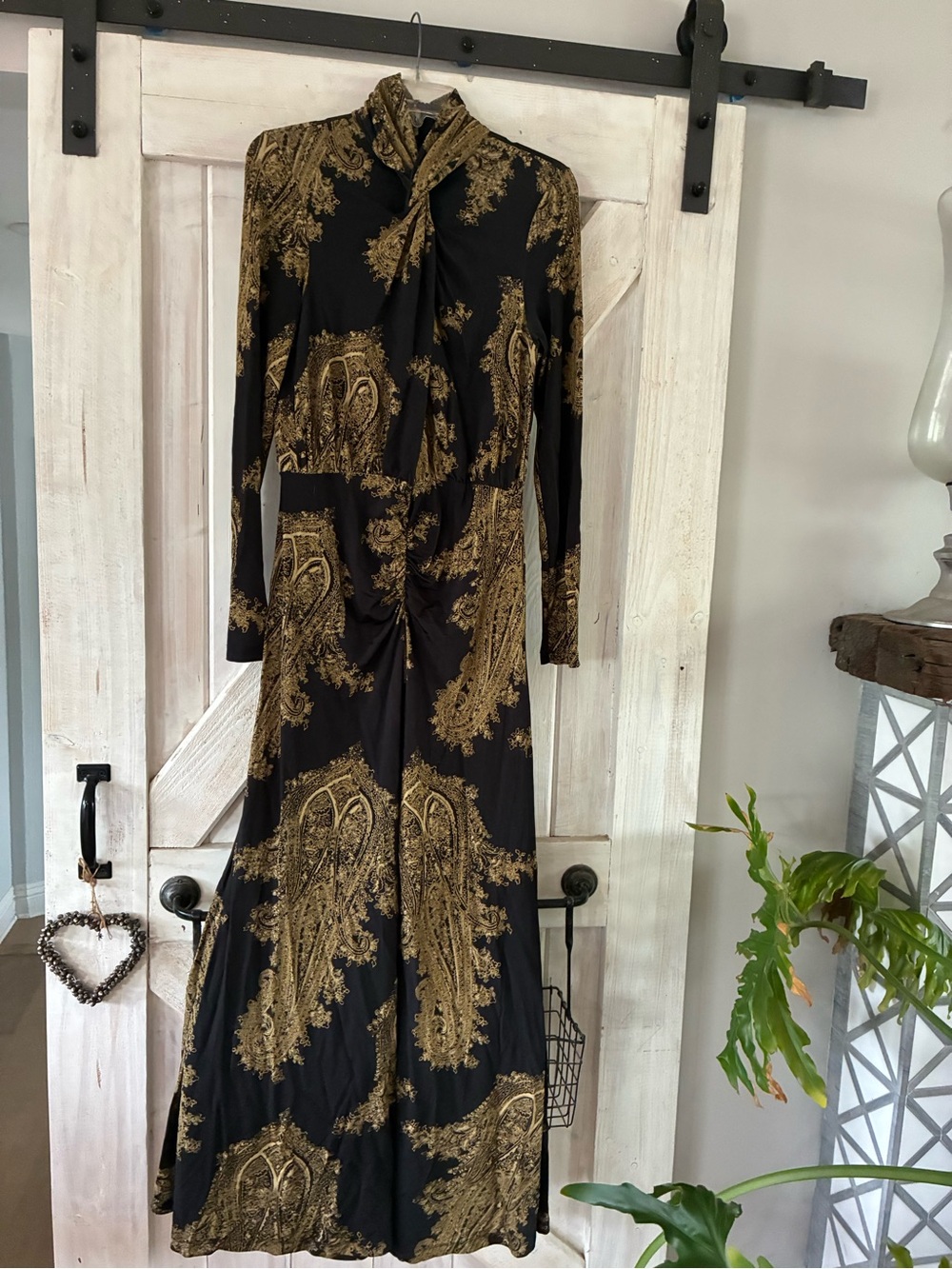 AllSaints Black and Gold Print Long Sleeve High Neck maxi size